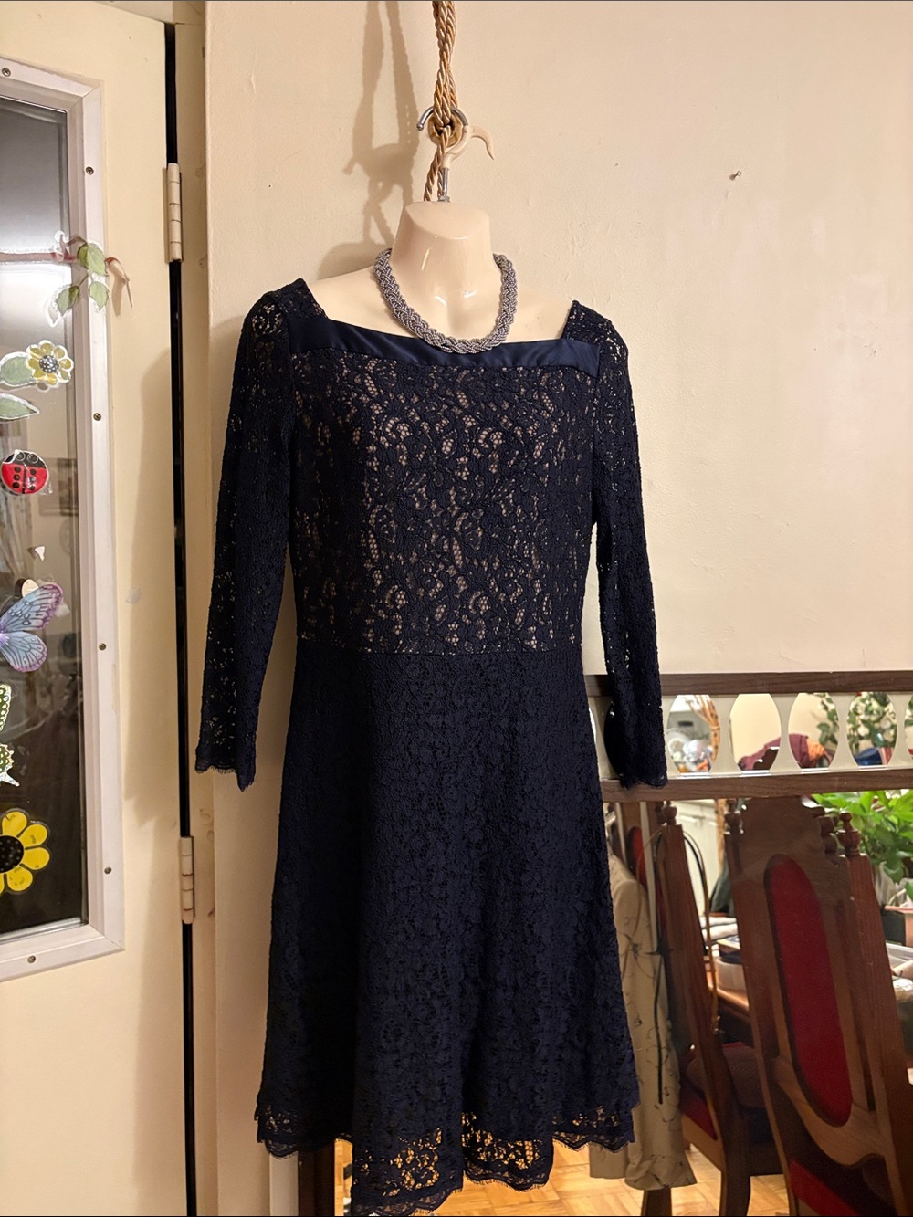 Adrianna Papell Navy Lace A-Line Dress with Three-Quarter Sleeves